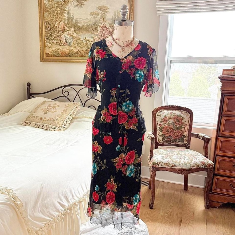 silk floral two set 90s black floral silk two piece set Versailles